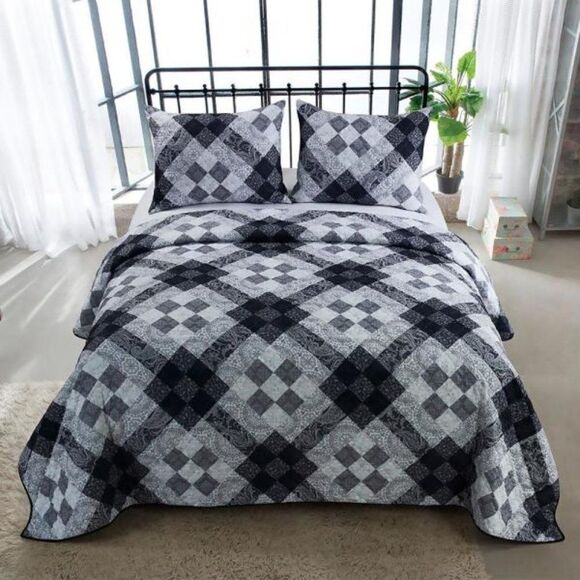 NEW! Black Farmhouse Patchwork Reversible QUEEN Quilt Set Diamond Block Cottage - Picture 2 of 5